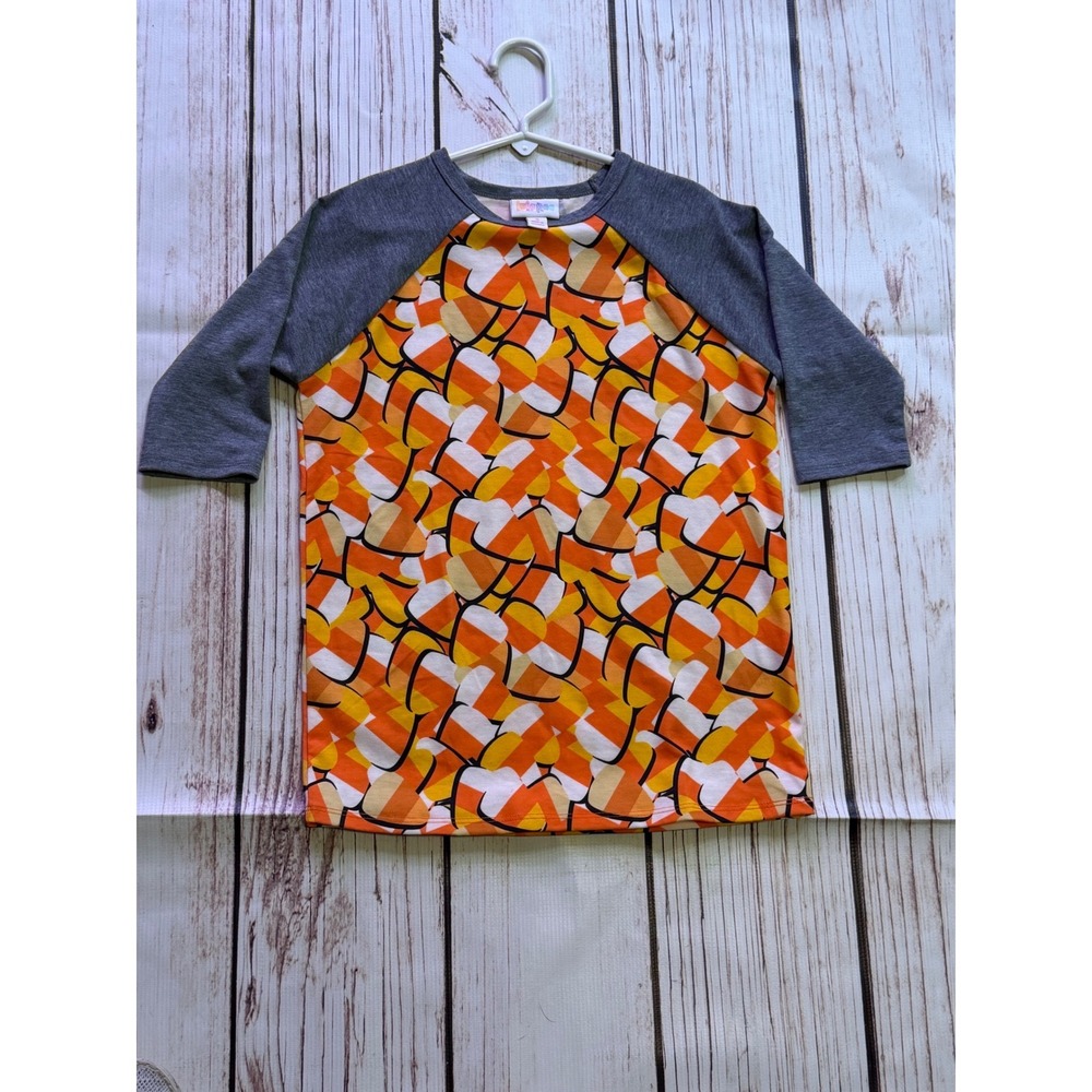 LuLaRoe Sloan Kids Halloween Candy Corn Baseball Tee Gray Orange Size 8